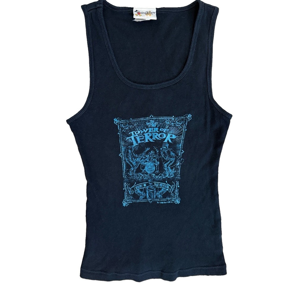 Y2K Disney World Tower Of Terror Women's LG Ribbed Black Tank Metallic Paint